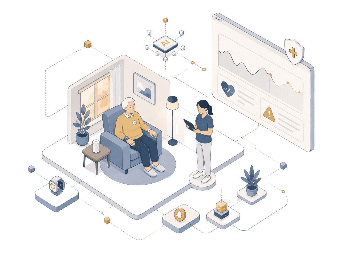 Complete KairosCare system — caregivers, homes, AI hub, and agency dashboard connected